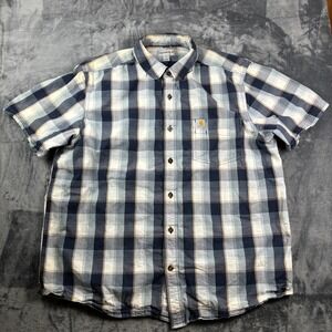 Carhartt Plaid Short Sleeve Shirt XL Blue Tan Check Button Up Workwear